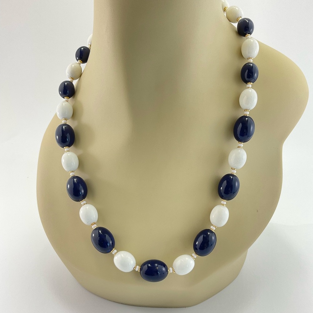 Vintage MCM, Chunky Necklace, Navy & White Acrylic, Marked Hong Kong, 1950s
